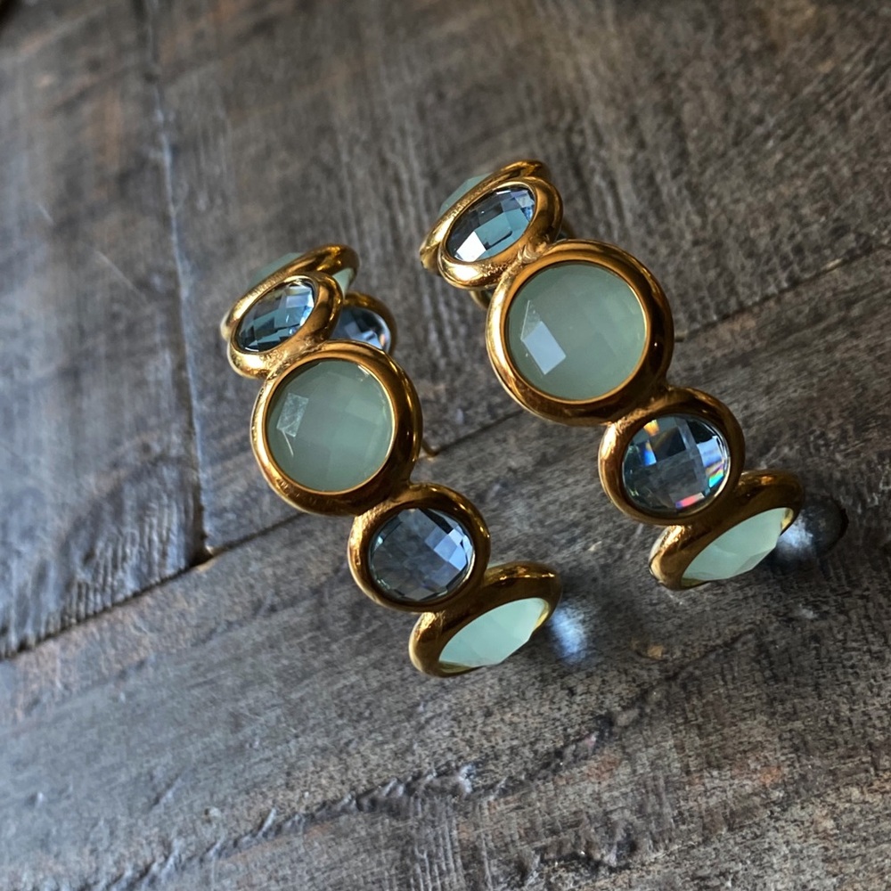 NEW Gold & Blue Stones Chunky Hoop Earrings - Picture 12 of 16